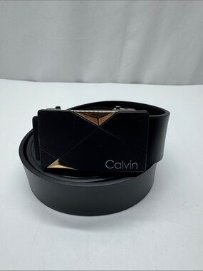 Calvin Black Men’s Leather Ratchet Belt with Gold Accent Buckle #0109